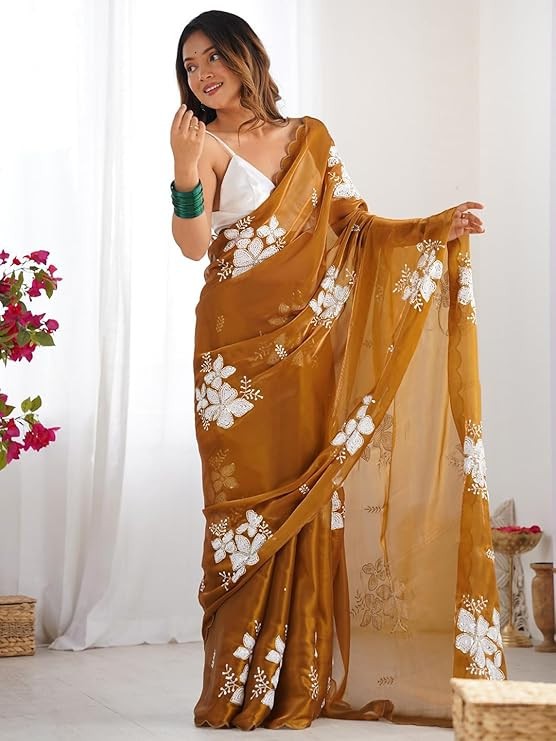 Women’s Shimmer Organza Sequence Embroidery Saree With Unstitched Blouse Piece