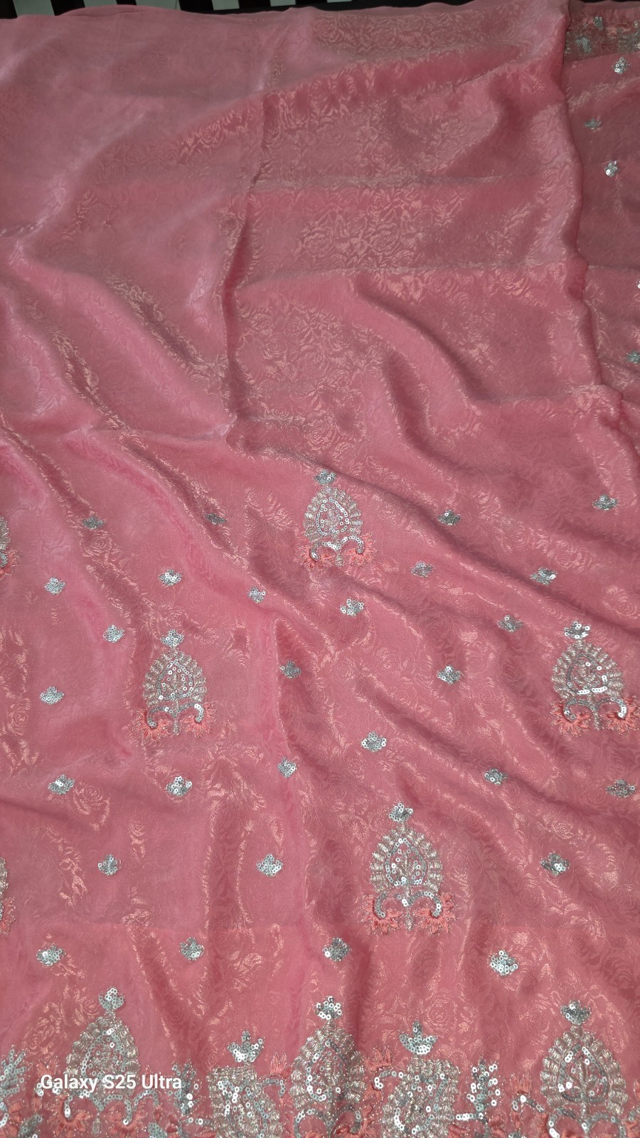Elegant Pink & Silver Embroidered Chiffon Saree with Blouse Pieces ✨
