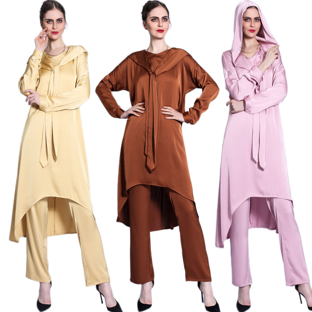 Dubai Muslim Women Long Sleeve Blouse Pants Outfits Two Piece Set Abaya Kaftan