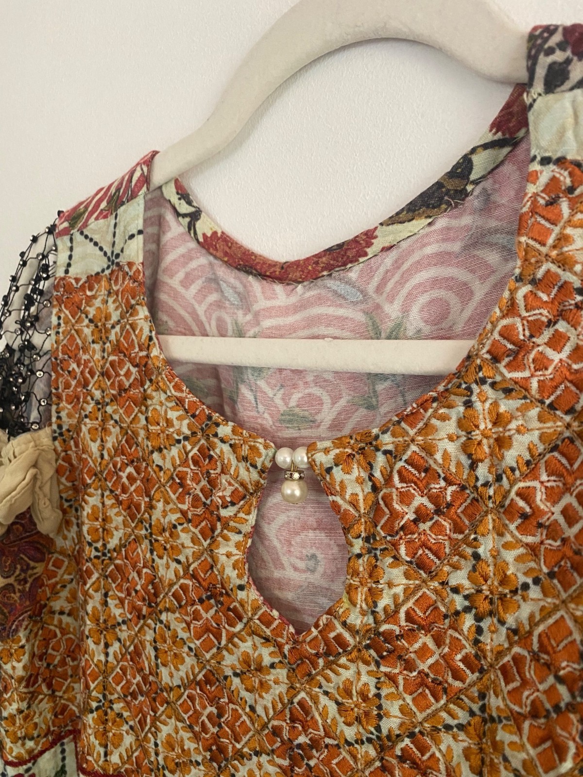 Boho Patchwork Pakistani Kurta Tunic Dress Floral Embroidery Ruffle Size S