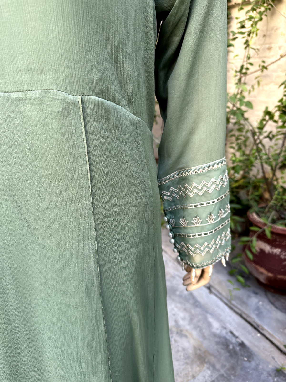 Pakistani Sage Green Long Style Embroidered Sequins fancy Chiffon Dress,XL