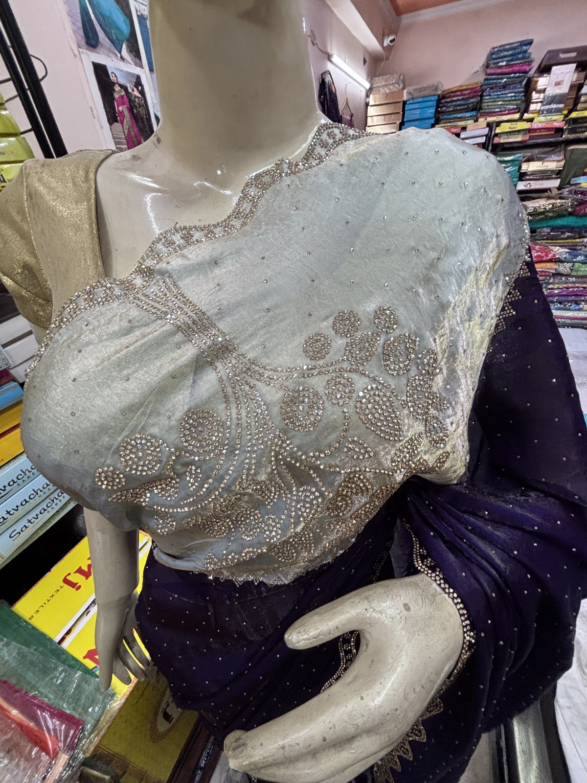 Glossy Satin Fendi Sworski diamond Work Saree