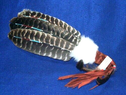 Fan w/ 3 Hand Painted Turkey Wing Feathers & Rabbit Fur American Navajo SS01