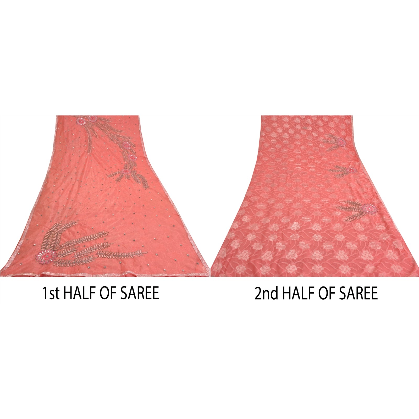 Sanskriti Vintage Pink Indian Sarees Net Mesh Hand Beaded Ethnic Sari Fabric