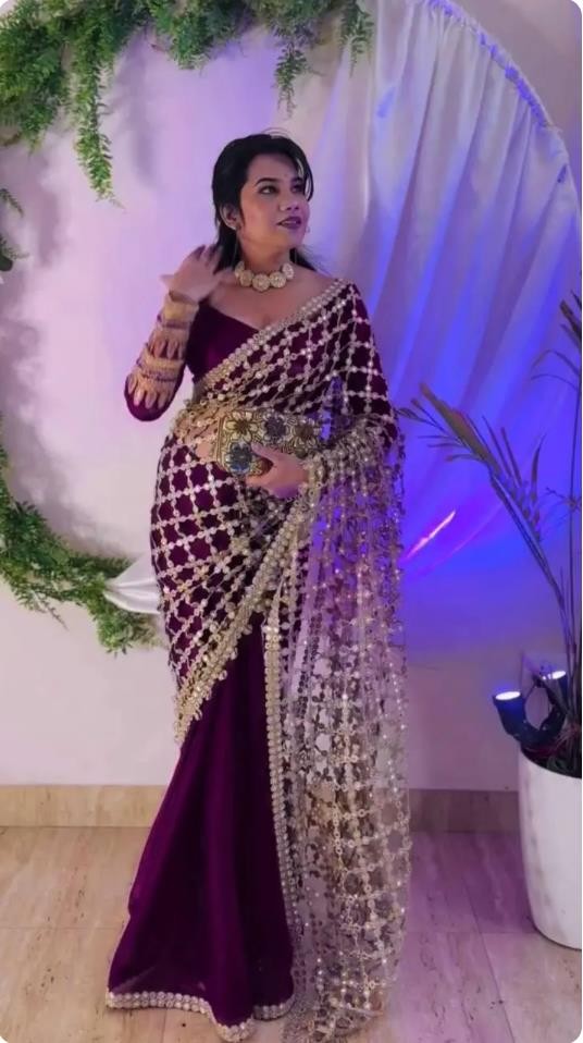 Designer Fendy Silk Color Saree with Mirror Work & Unstichhed Blouse
