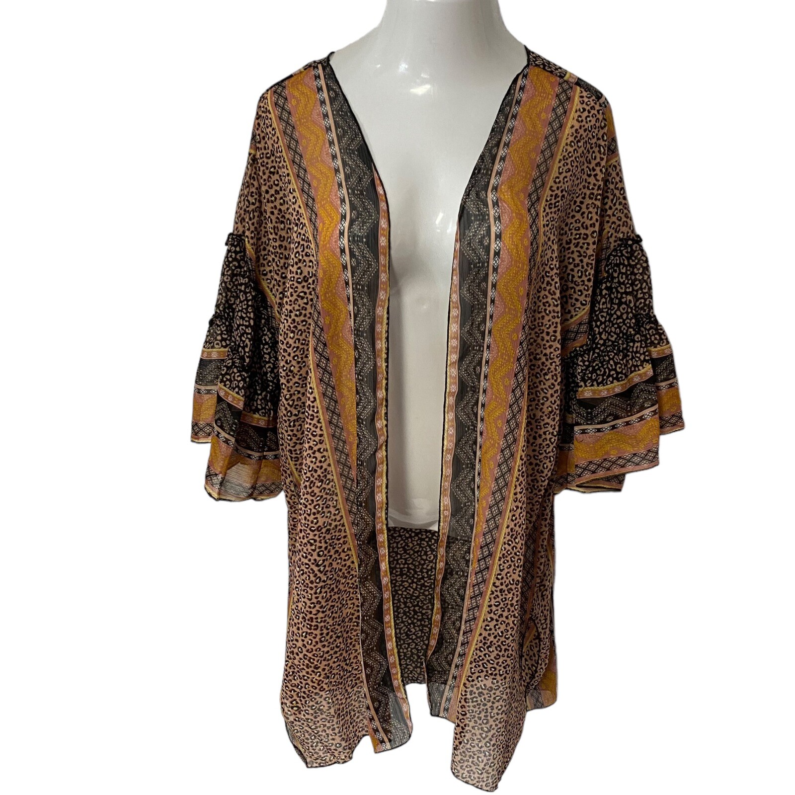 Democracy Kimono Womens Large Duster Brown Animal Ruffle Lagenlook Boho Office