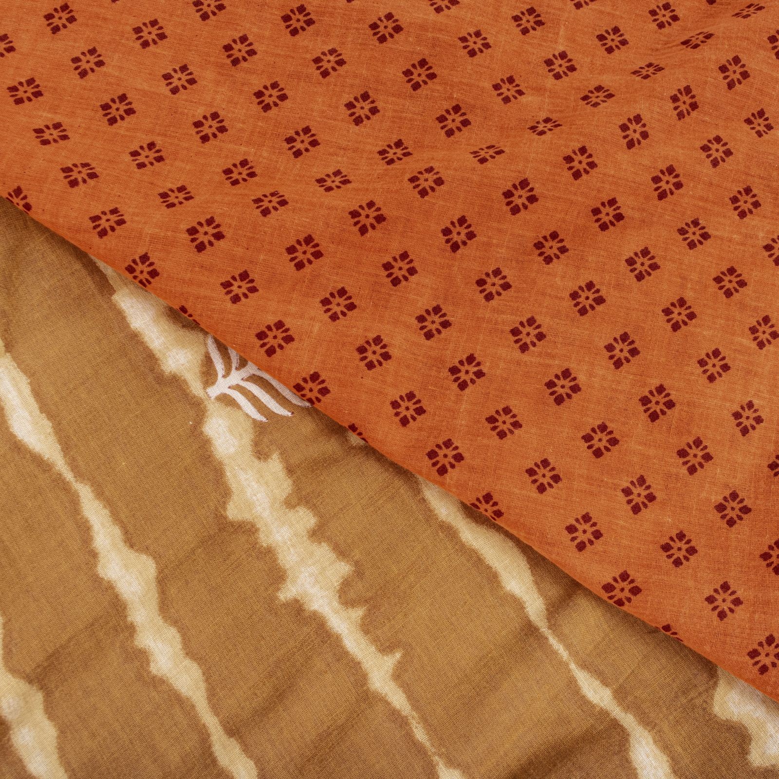 Sanskriti Vintage Saree Orange Pure Cotton Hand Block Print-Batik Work 5+Yd Sari