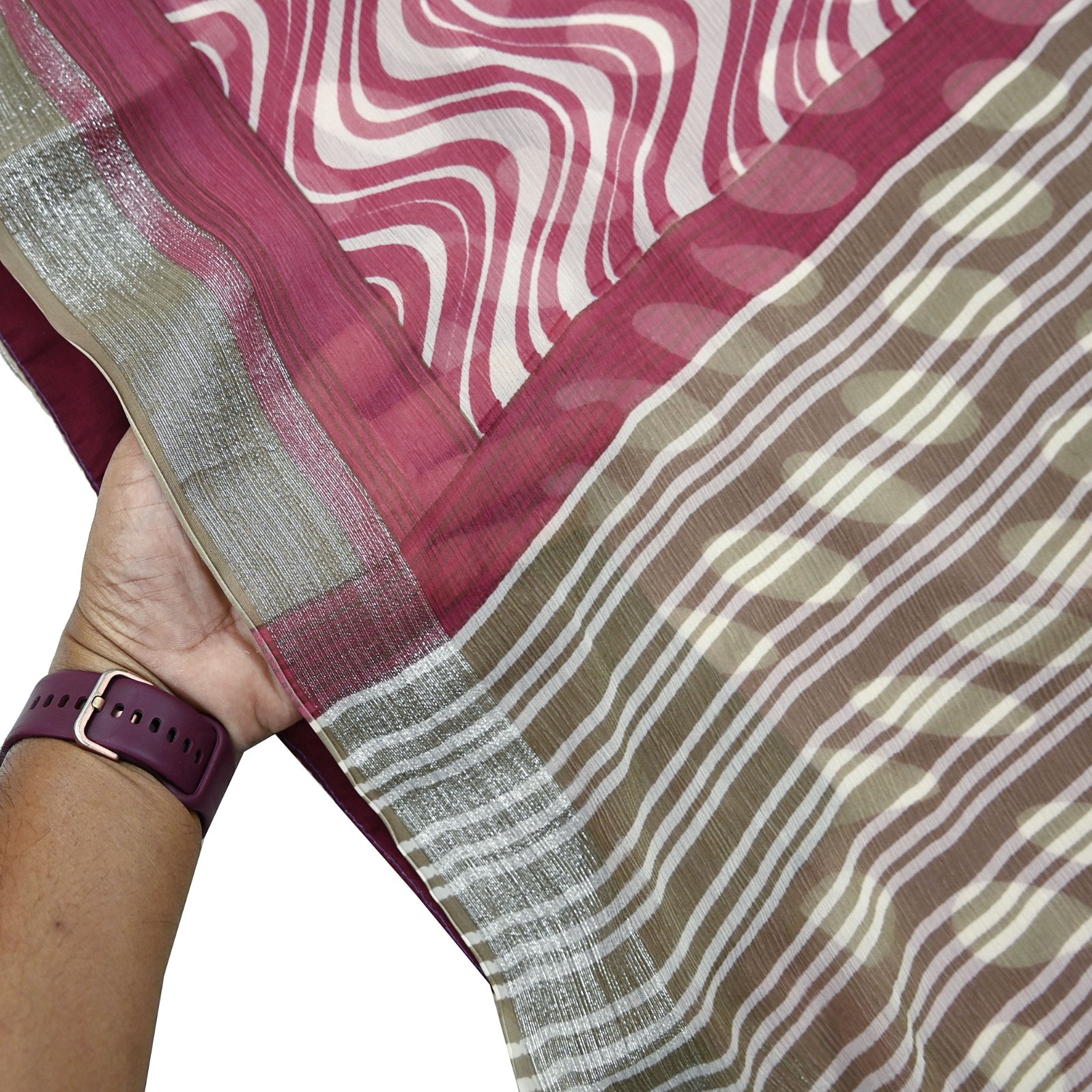 Vintage Pure Chiffon Silk Saree Printed Abstract 5 Yards Fabric DressMaking Zari