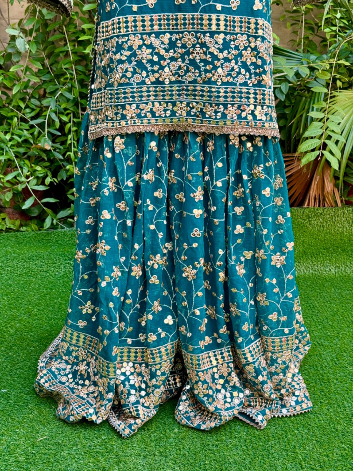 Pakistani Teal Straight Style Embroidered Sequins Chiffon Gharara Dress,L