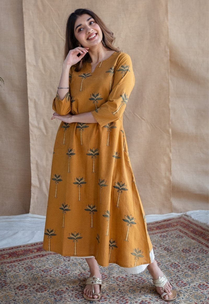 Women’s Mustard Cotton Anarkali Kurta Palazzo Set Indian Ethnic Festival Dress