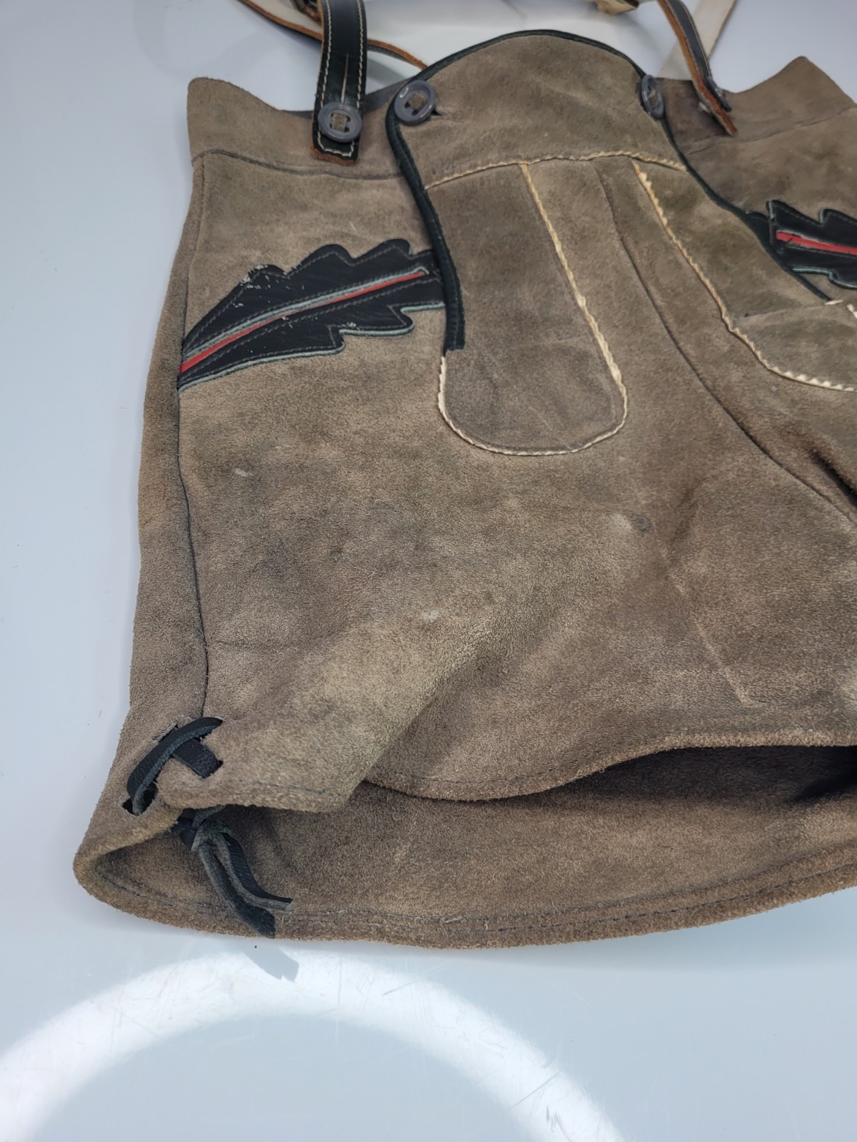 Vintage Youth Kids Lederhosen Short Suspenders Grey Red & Brown Leather Trim