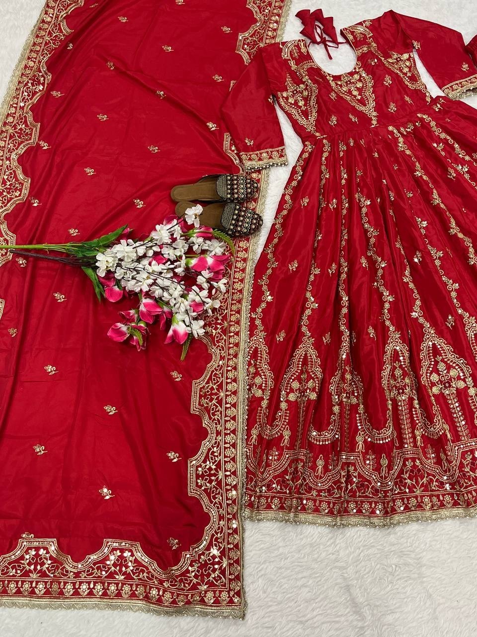 Attractive Red Heavy Natural Crepe Gown Bottom With Dupatta For Ethnic Wear