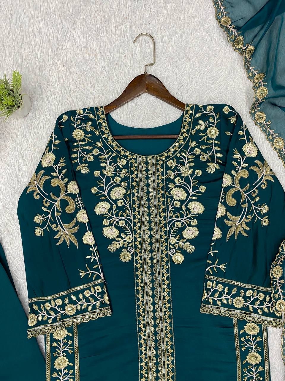 New Designer Teal Blue Roman Kurta Palazzo With Dupatta For Wedding Wear
