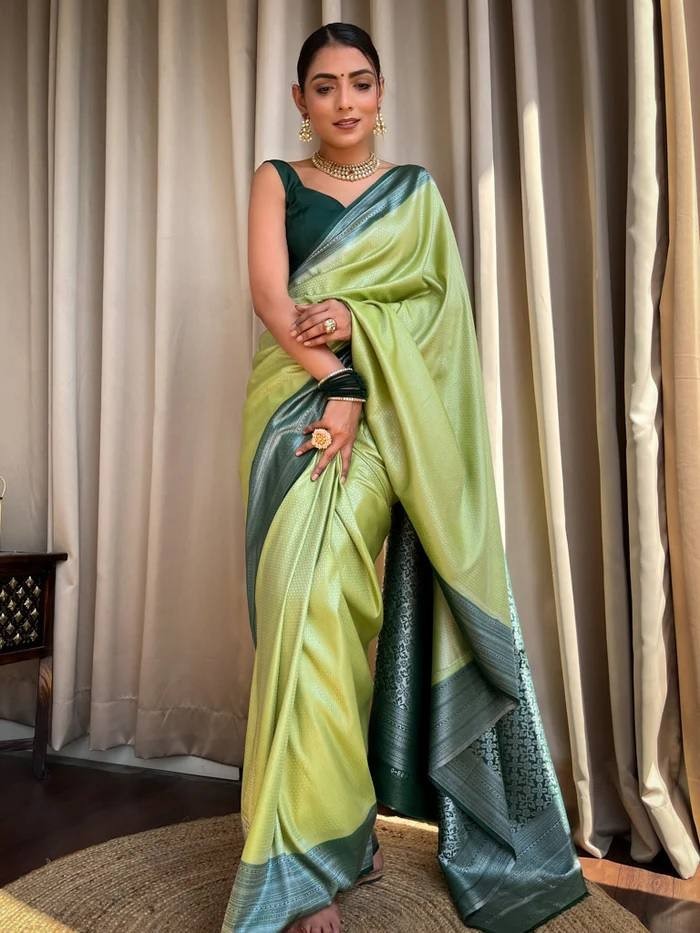 Indian Saree Soft Lichi Silk Green Jacquard Wedding Wear With Brocade Blouse