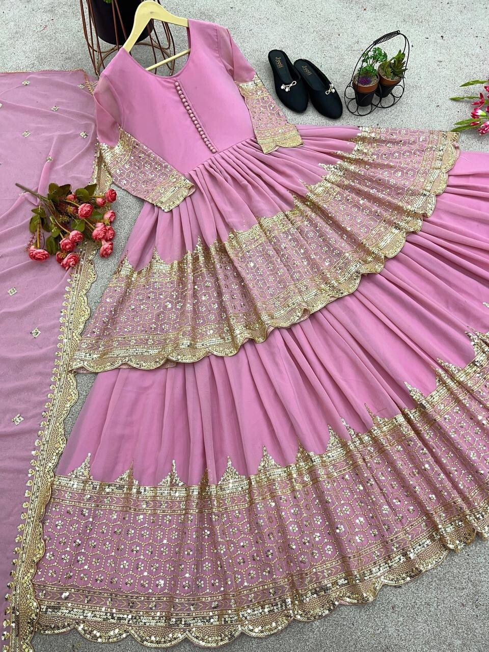 BOLLYWOOD STYLE HEAVY FAUX GEORGETTE PINK TOP LEHENGA WITH DUPATTA FOR PARTY