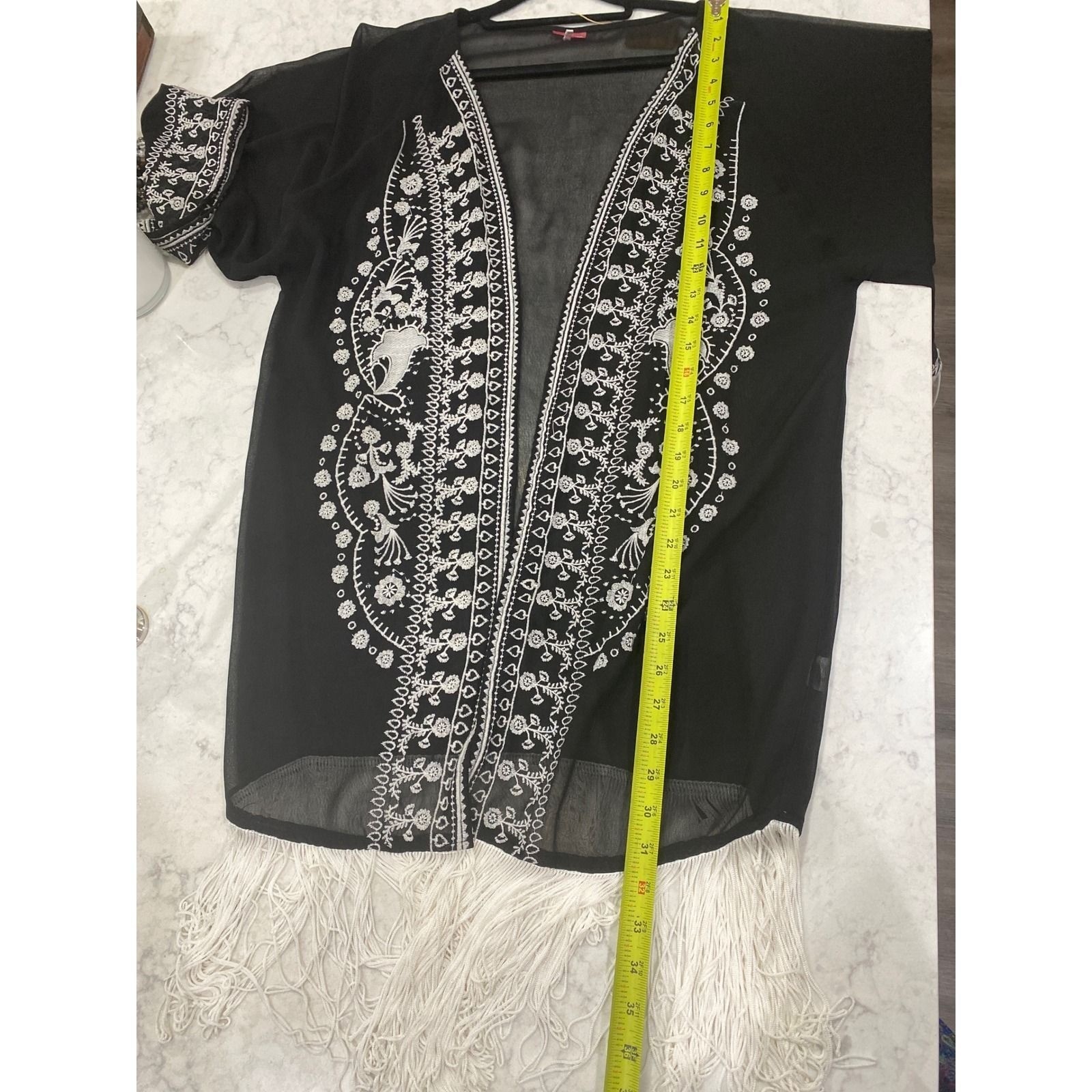 River Island Embroidered Kimono Robe Black White Fringe Boho Festival Size M