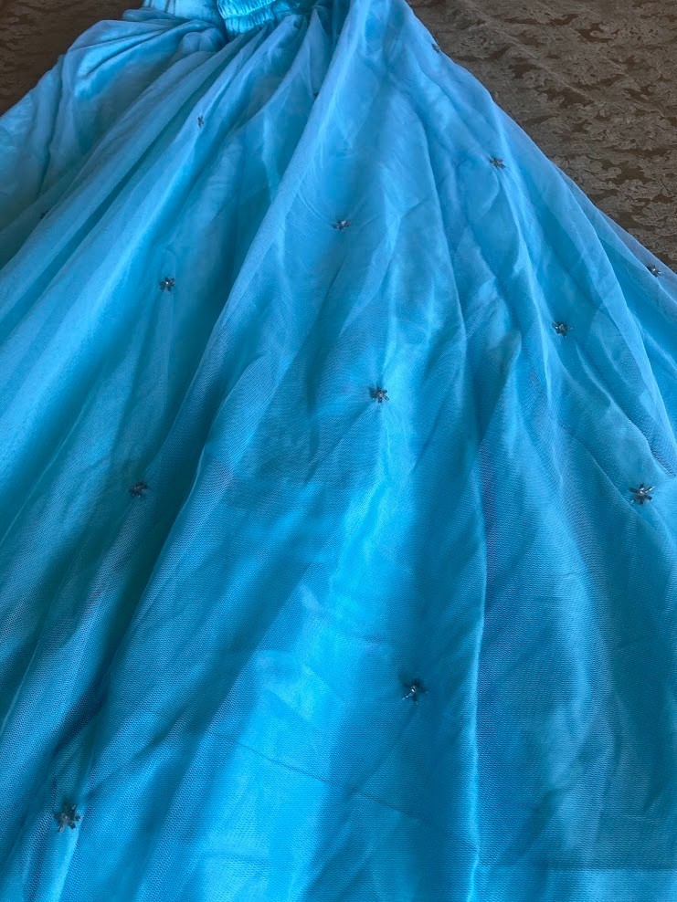 Vintage Indian Sky Blue Tulle Lehenga Skirt Glass Bugle Bead Silver Zardozi 44″