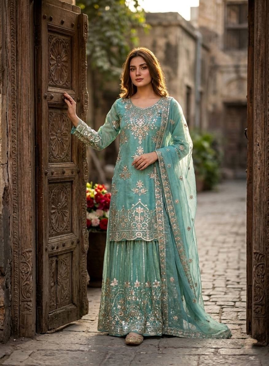 Attractive Look Pure Organza Sea Green Kurta Palazzo With Dupatta For Reception