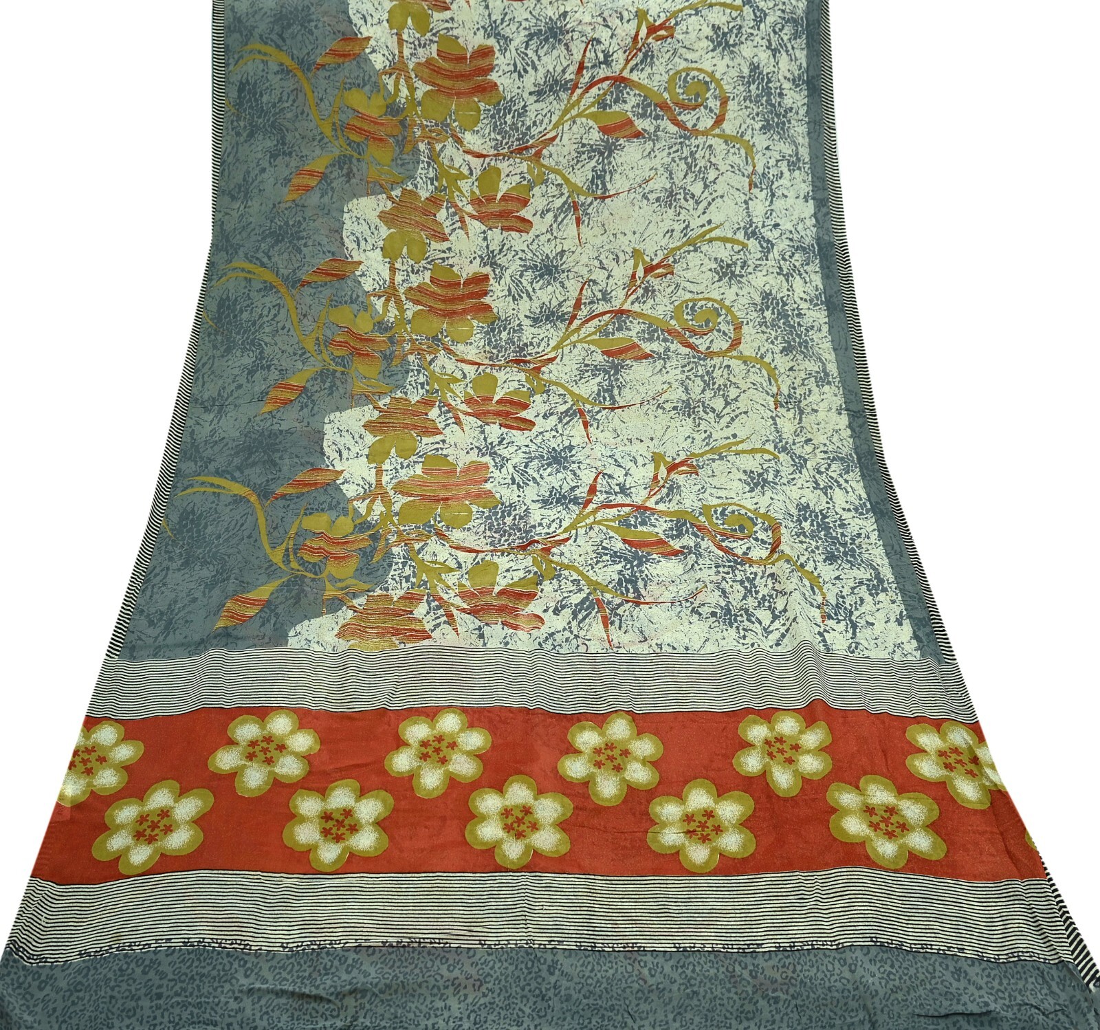 Vintage Sari Ivory & Gray Pure Georgette Silk Printed Sarees Sewing 5yard Fabric