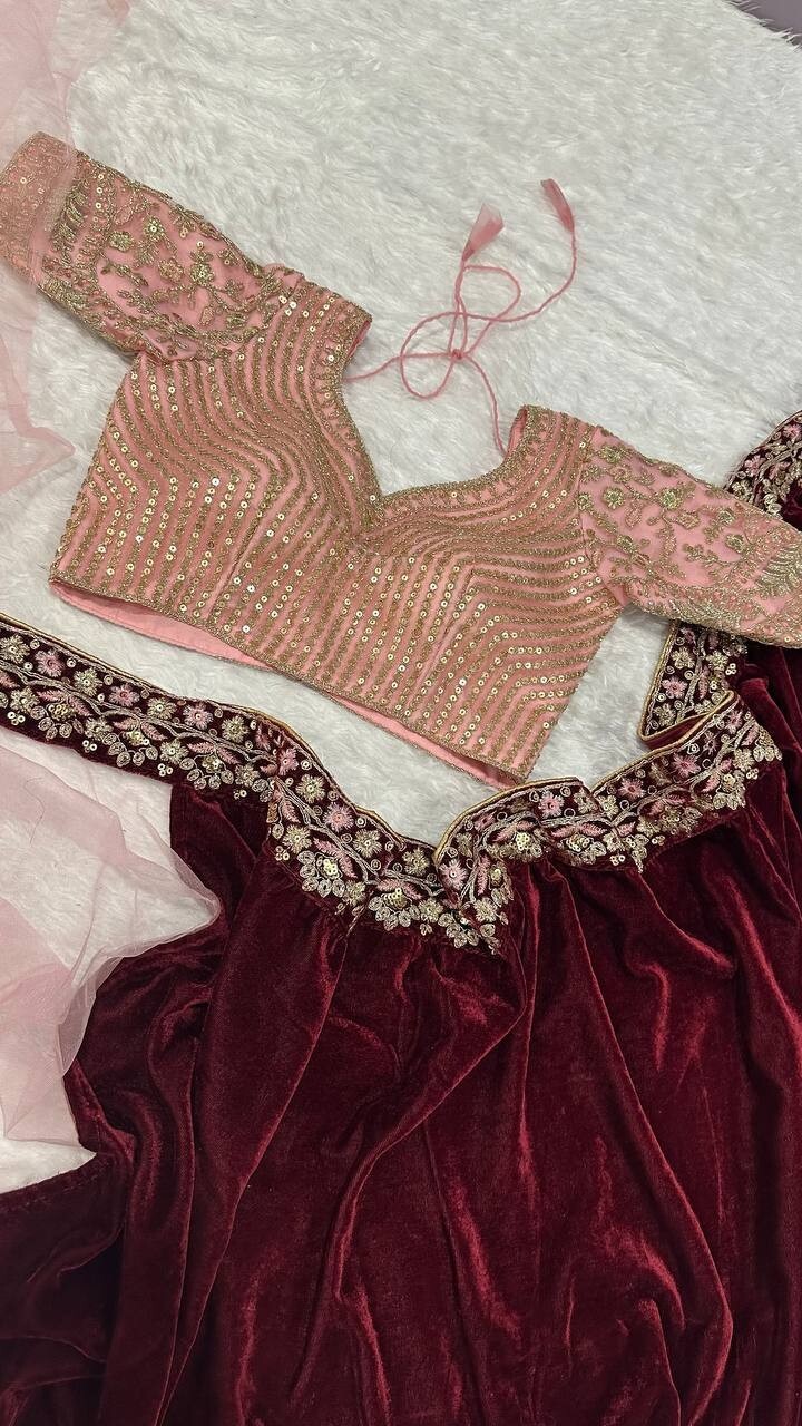New Collection Velvet Net Maroon Saree With Blouse For Wedding & Party Wear