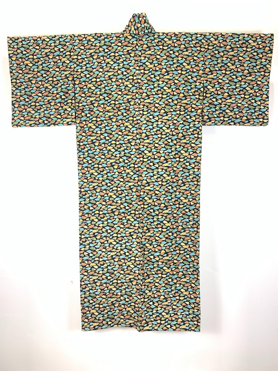 Unused Hitoe Kimono XS Black Multi Color Fan Pattern Washable FedEx Shipping Zen