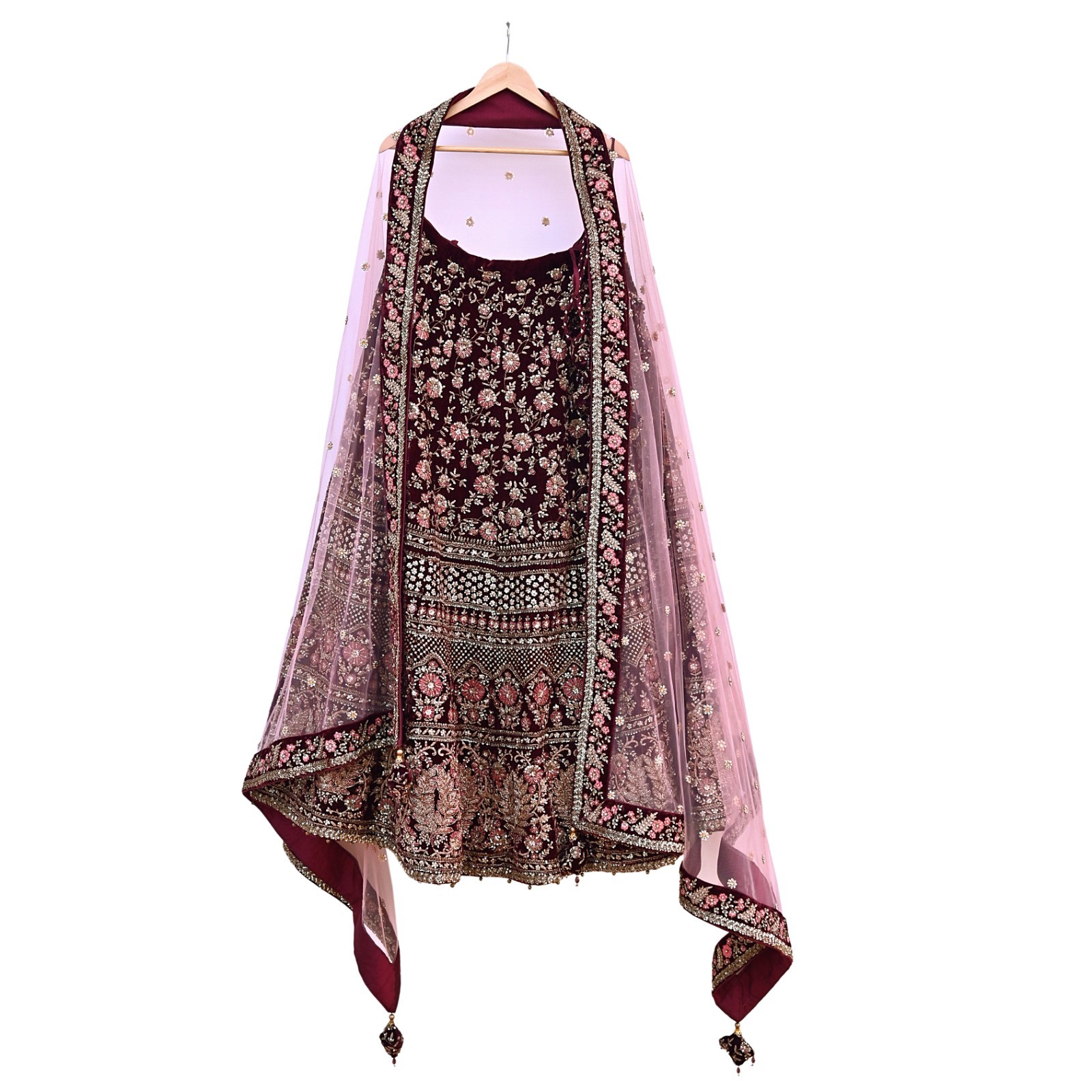 Indian Heavy maroon & pink Net/velvet Hand Embroidered Designer Lehenga 3pcs Set