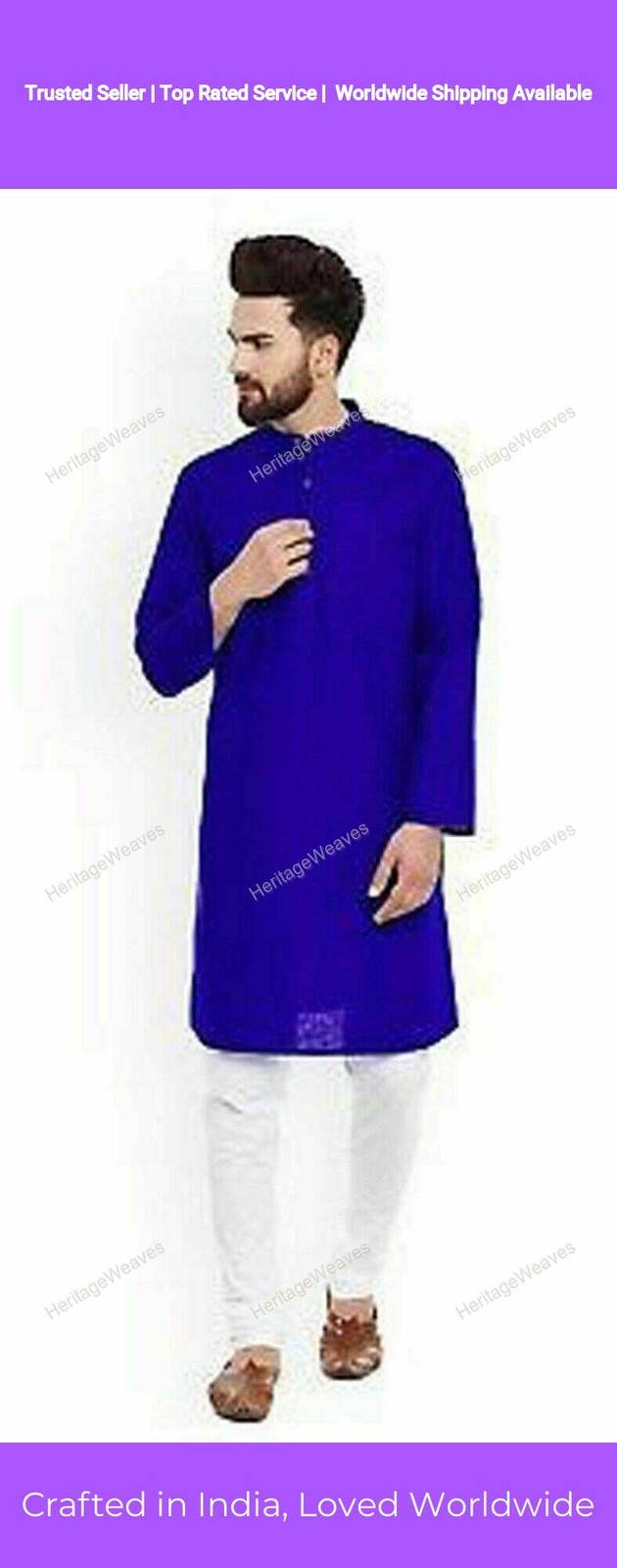 Indian Cotton Shirt kurta Mens Tunic Top Blue Color Plus Size Solid High Neck