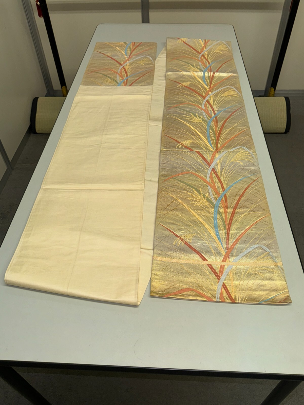 Japanese Vintage Kimono Fukuro Obi silk gold expensive Embroidery 166.1×11.8in