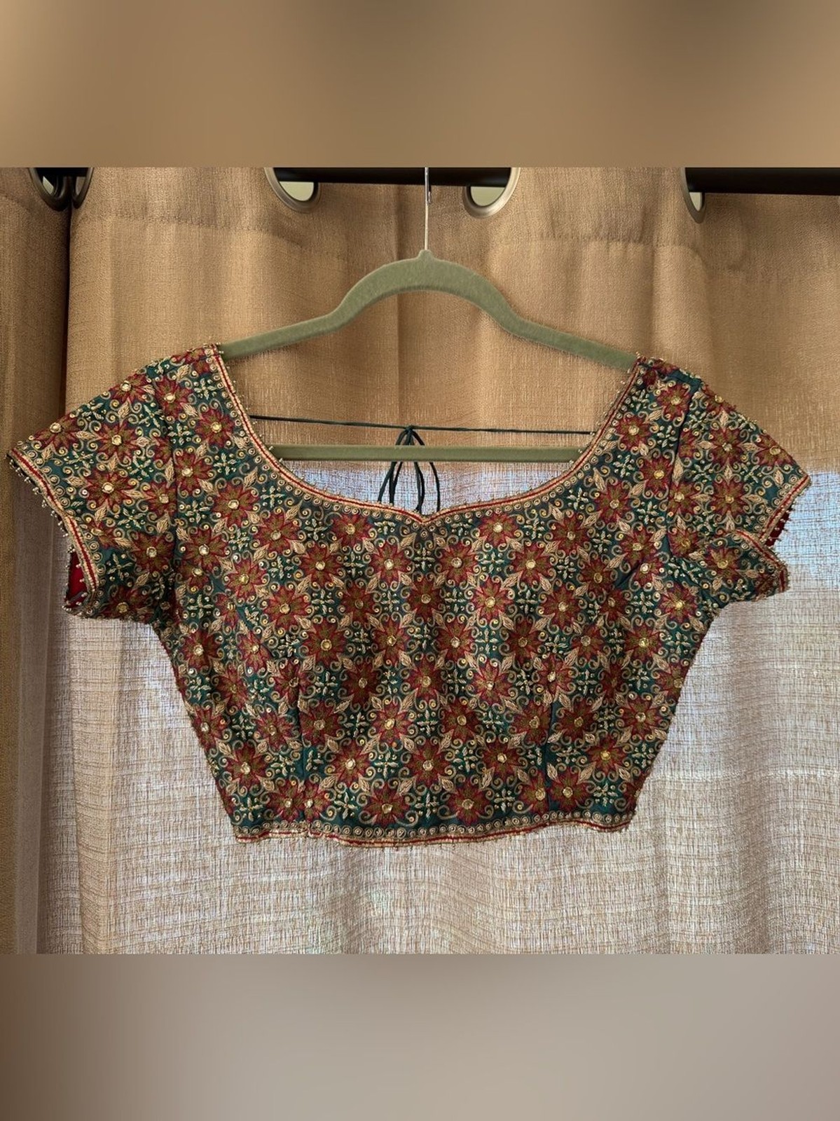 Saree embroidered crop top with floral motif in a gorgeous teal and red