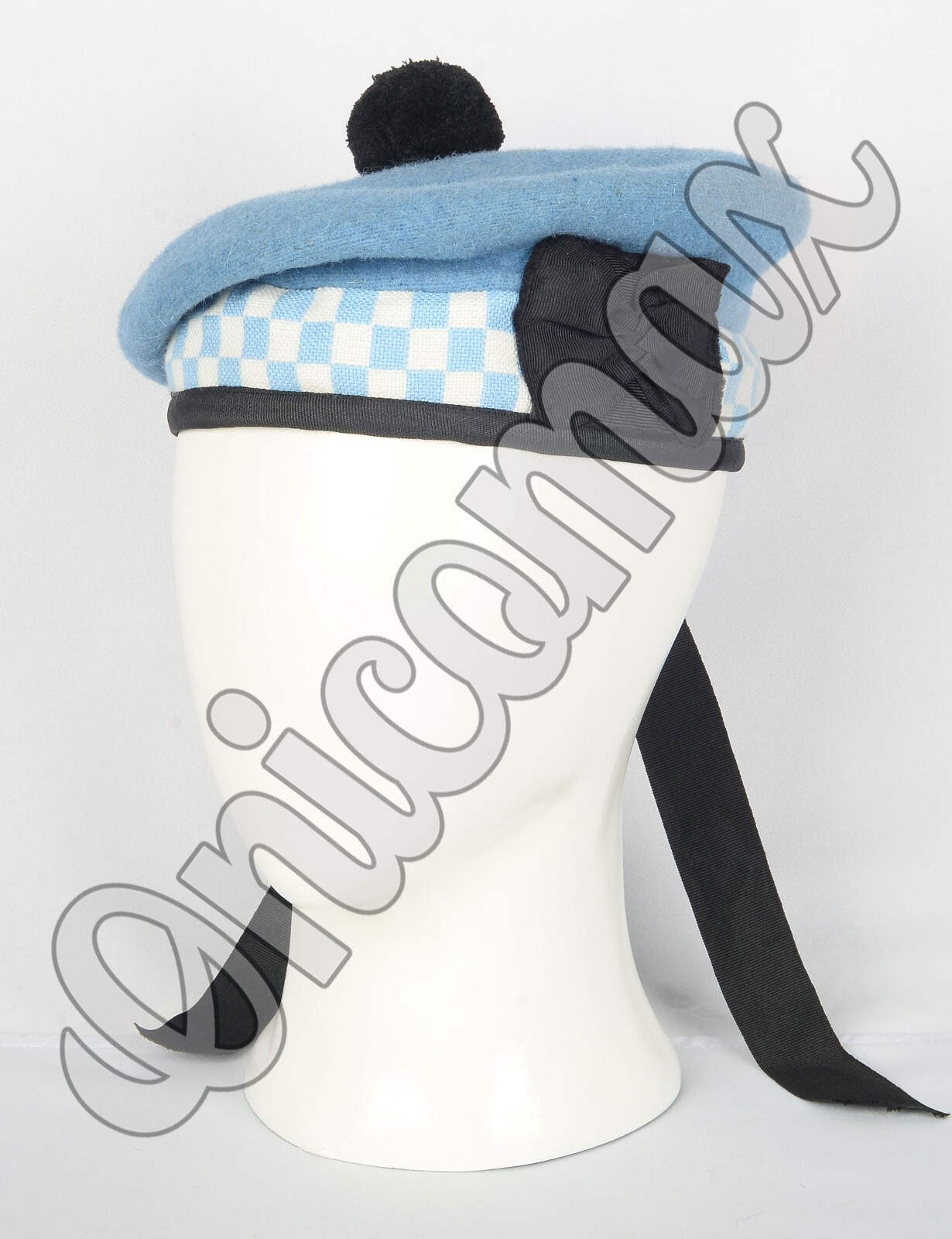 Scottish Balmoral Sky Blue Wool Military Diced Bonnet Hat Highlander Kilt Cap
