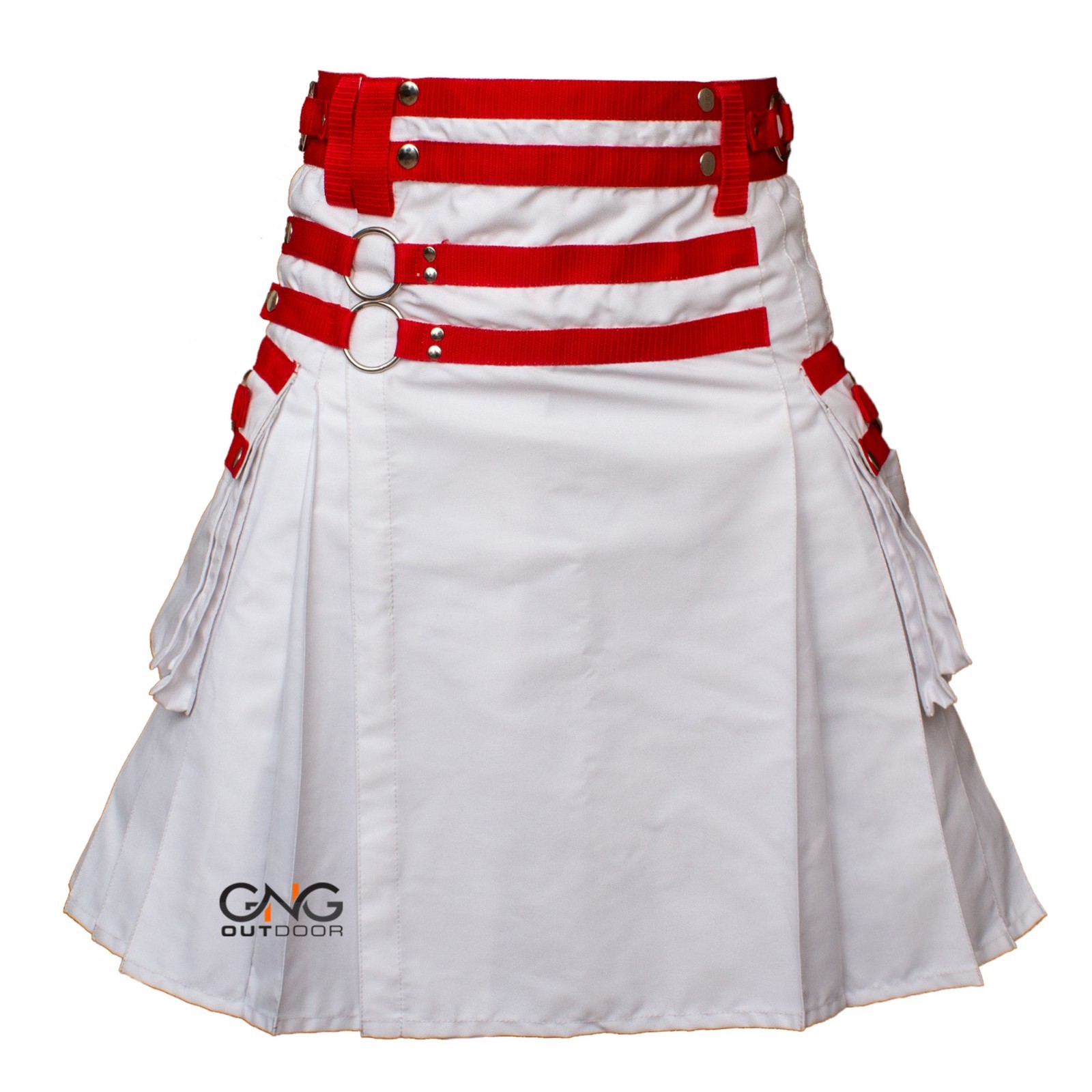 Men’s Scottish White and Red Strap Utility kilt Modern Fashion Highland kilt