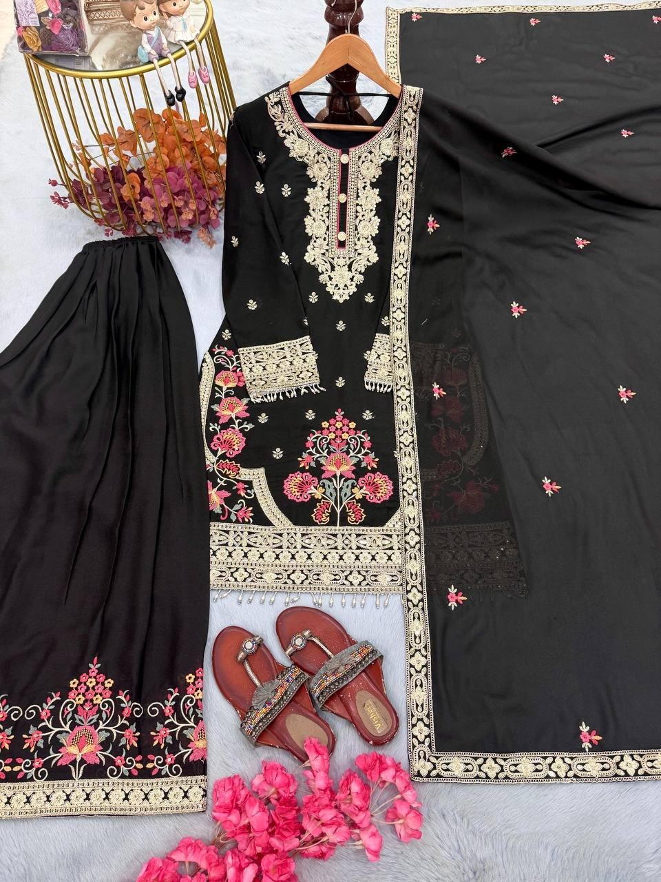 Stunning Look Black Star Georgette Kurta Palazzo With Dupatta For Women