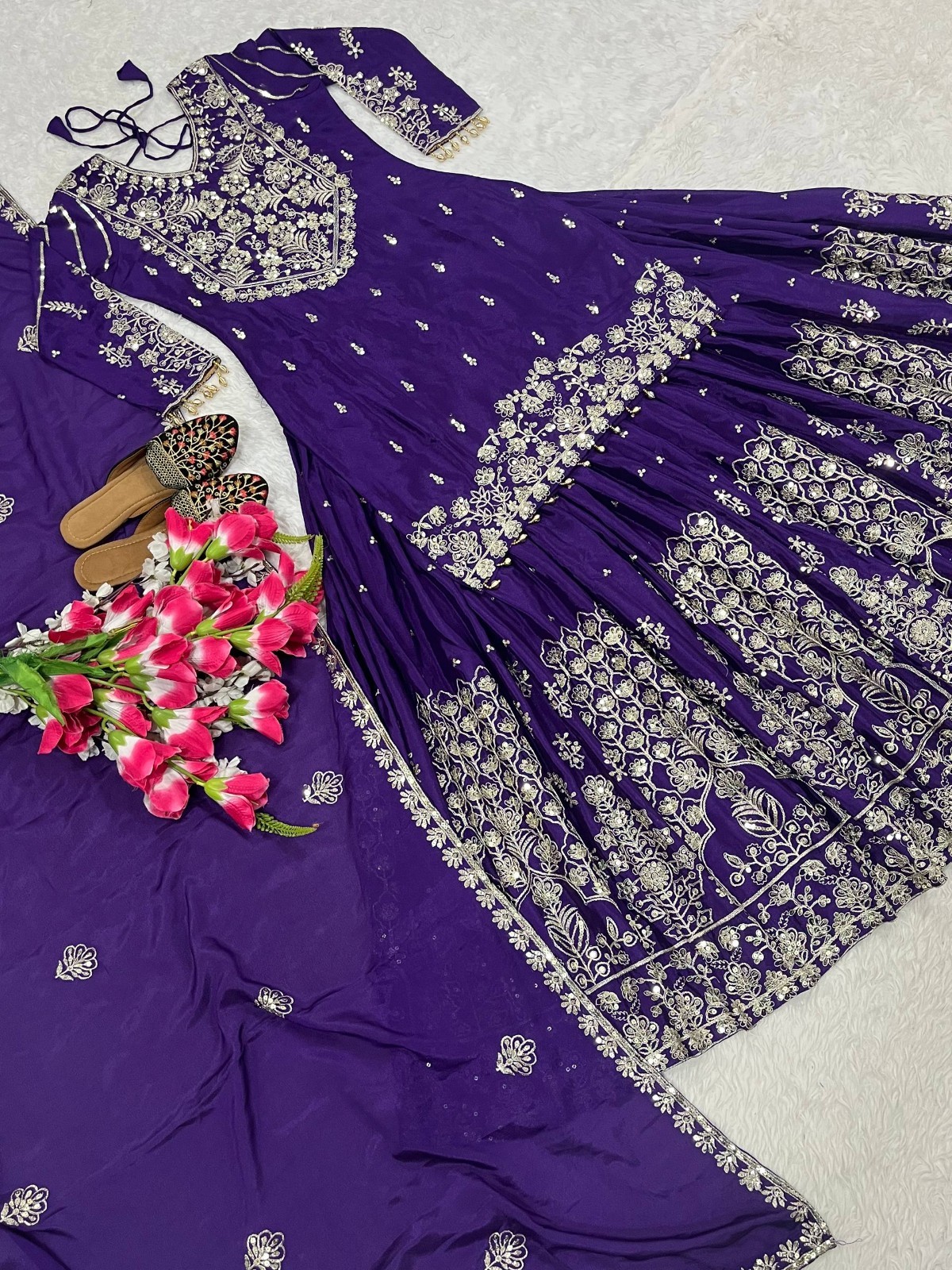 Stylish Heavy Chinon Silk Purple Top Lehenga With Dupatta For Wedding Wear