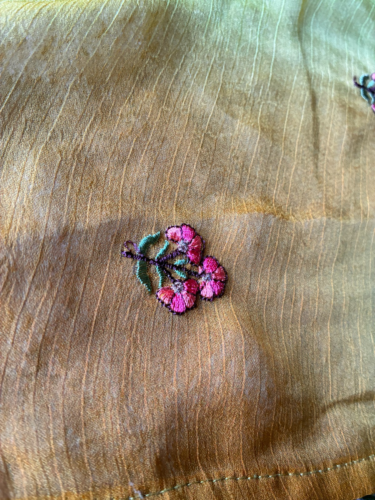 Green and Yellow Chiffon Sari w/Pink Embroidered Flowers