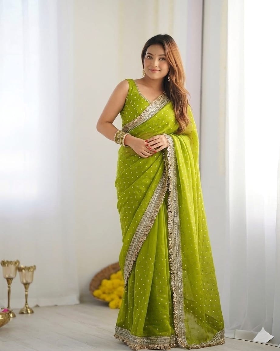 Women Shimmer Organza Silk Saree Heavy Lace Border Party Wear Designer Piece