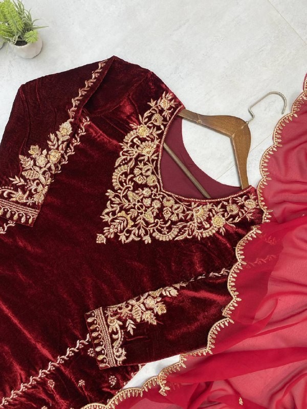 Presenting New Velvet Maroon Top Palazzo With Dupatta For Functional Wear