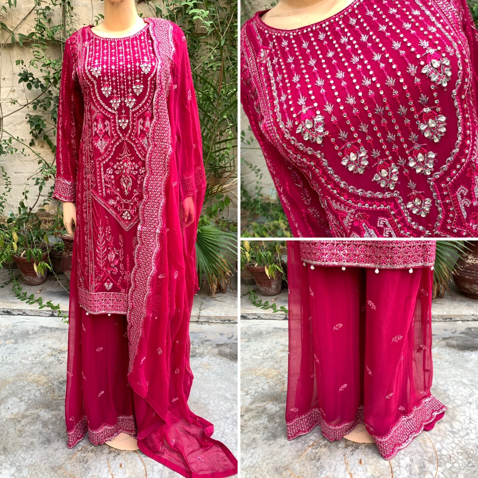 Pakistani Hot Pink Straight Style Embroidered Sequins Chiffon Sharara Dress,S