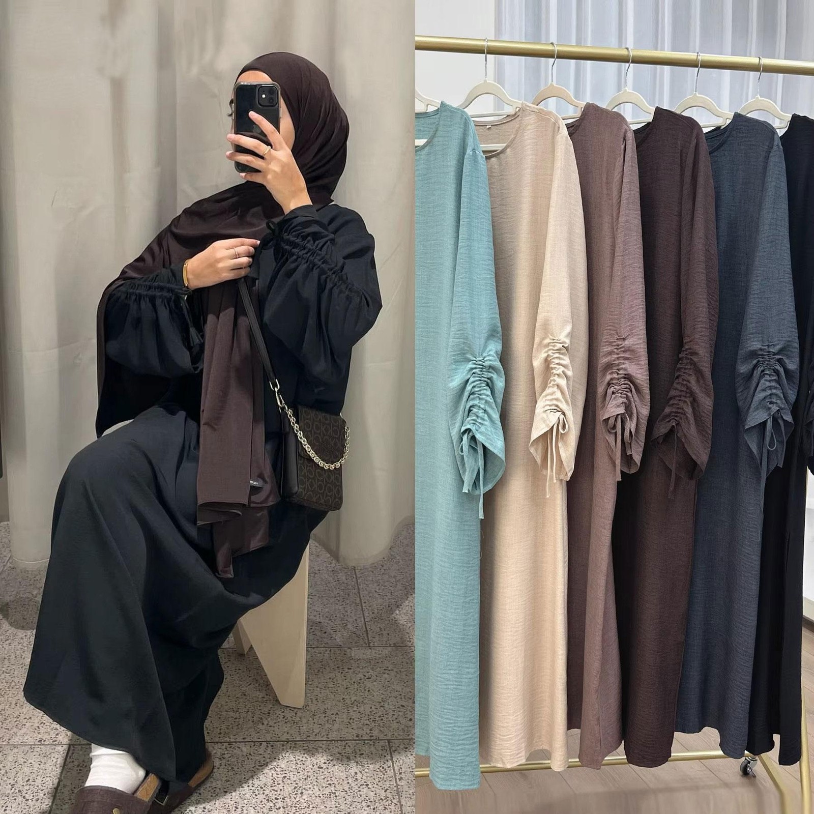 Eid Muslim Abaya Dress Lace Up Sleeve Modest Kaftan Robe for Ramadan Prayer