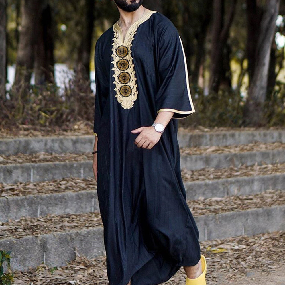 Men’s Middle Eastern Clothes Long Sleeve Muslim Islamic Round Neck Flax Kaftan