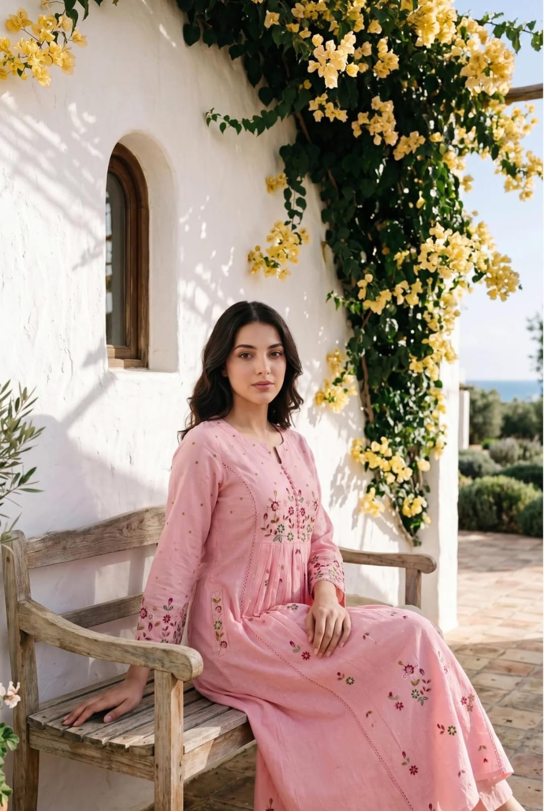 Women’s Cotton Embroidered Anarkali Kurta Pant Dupatta Set White Pink Ethnic Sui