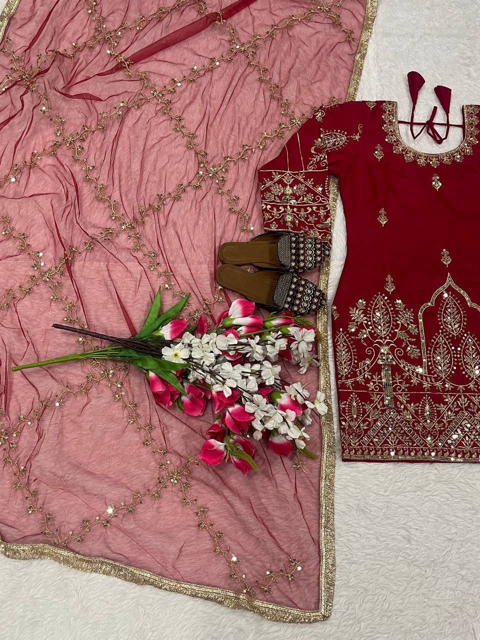 Elegant Designer Crepe Silk Salwar Kameez With Net Dupatta For Women