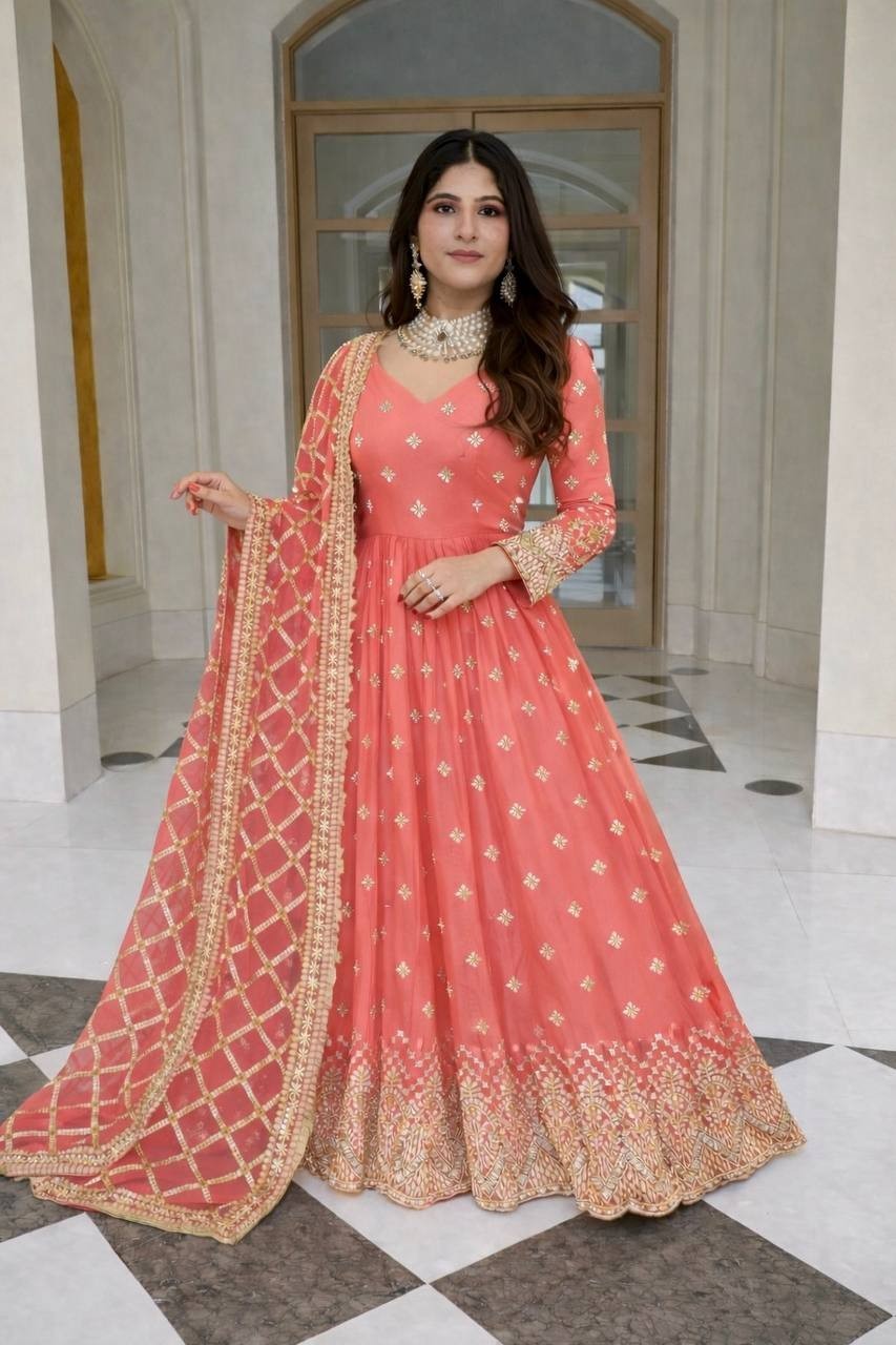 Latest Faux Georgette Peach Gown Bottom With Dupatta For Reception Wear