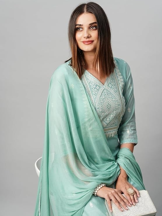 Women Blue Plus Size Floral Printed Indian Cotton Kurta Top & Pant With Dupatta