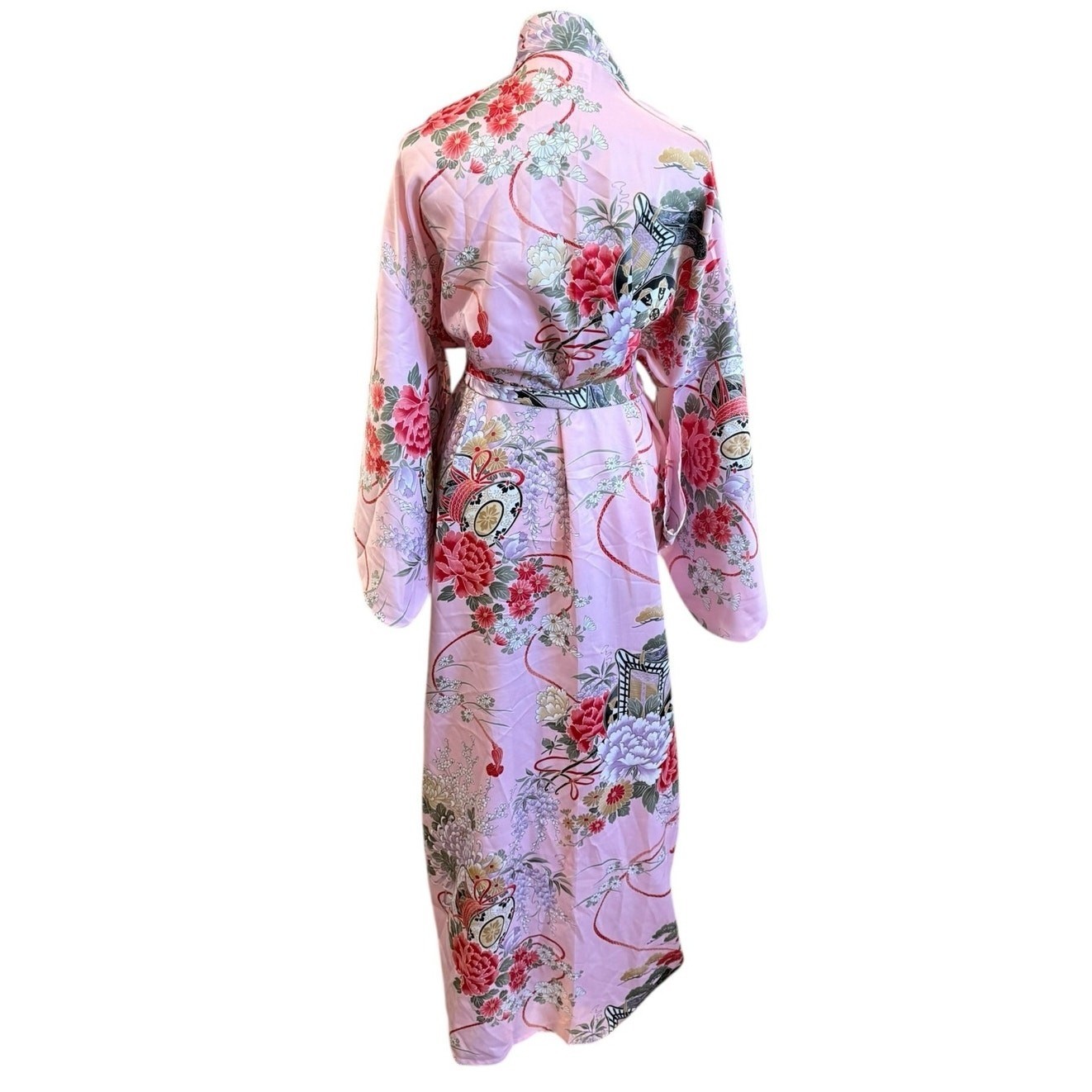 Pink Floral Kimono Robe Womens Satin Yukata Long Duster Lounge Belt