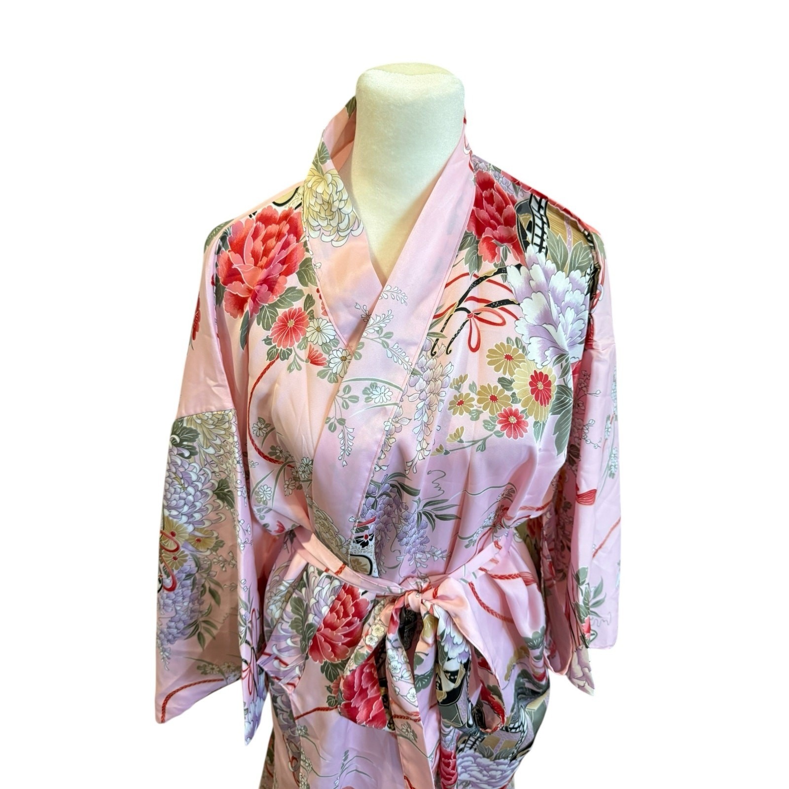Pink Floral Kimono Robe Womens Satin Yukata Long Duster Lounge Belt