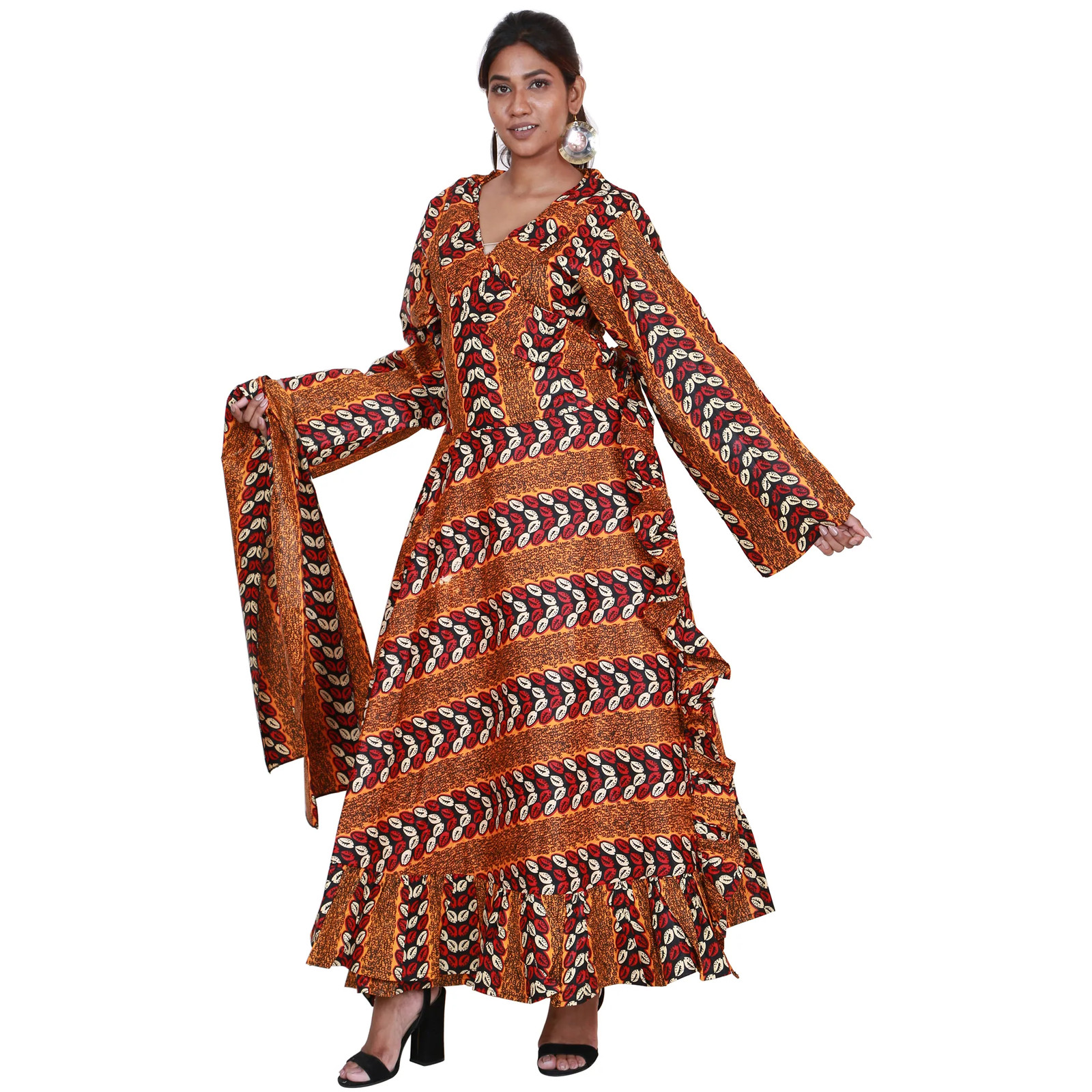 African Women’s Long Sleeve Maxi Wrap Dress with Scarf – FI-P6204