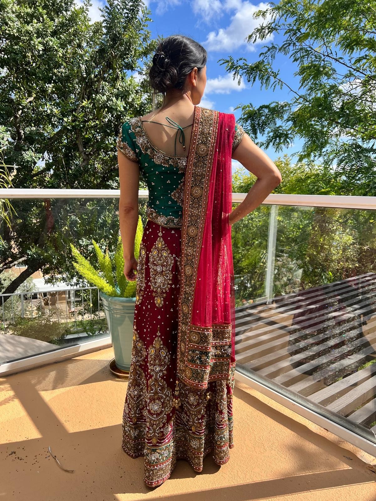 Traditional Red, Green and Gold Lehenga Choli, 3 Piece Bridal Wear