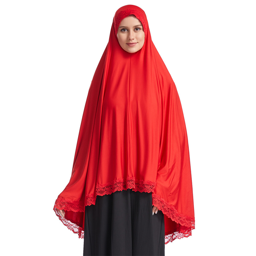 Muslim Women Ramadan Scarf Hijab Islam Prayer Turban Amair Lace Trim Headcover