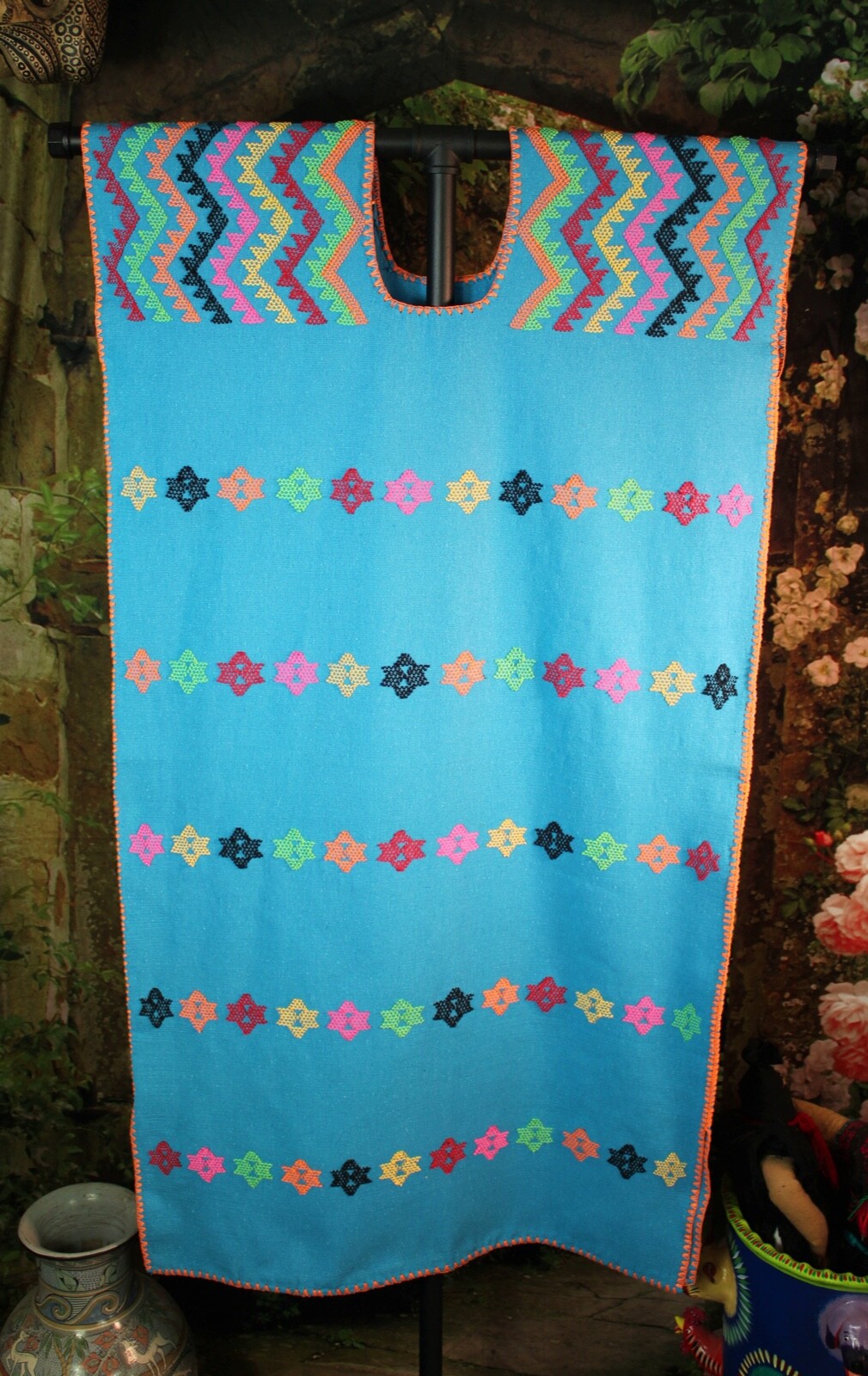 M/L Huipil Kaftan Handwoven Blue & White Oaxaca Mexico San Juan Colorado Resort