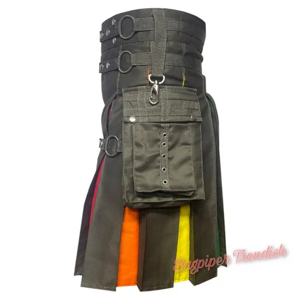 Rainbow Olive Green Cotton Men’s Hybrid Kilt with Scottish Nylon Straps Utility
